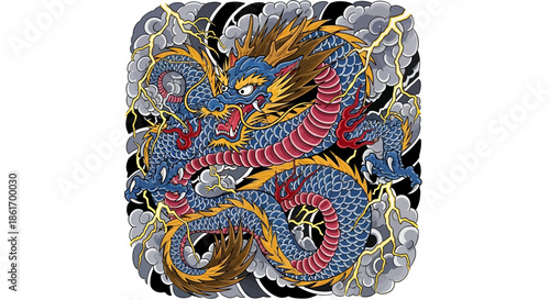 Detailed illustration of a fierce traditional Japanese dragon amidst storm clouds and lightning
