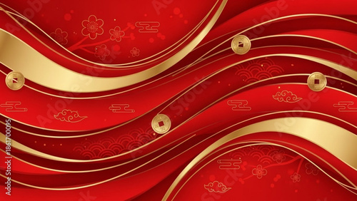 Elegant red and gold abstract background with wavy lines and coins for luxury business or celebration