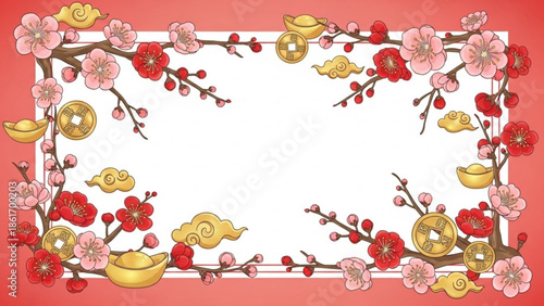 Chinese new year frame with pink cherry blossoms, red flowers, gold coins, and clouds on red background for festive greeting cards