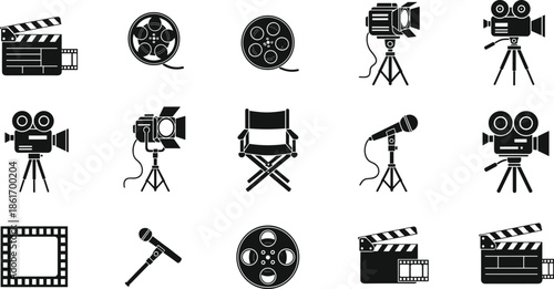Movie production equipment vector set, cinema film icons including cameras, clapperboards, lighting, and reels, isolated black silhouettes for filmmaking and industry design.