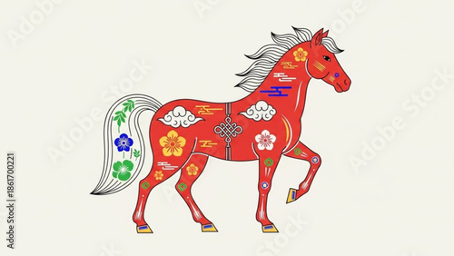 Vibrant red horse with white mane and tail decorated with colorful flowers and patterns on cream background