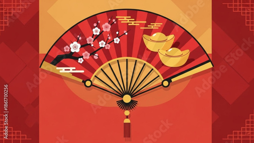 Traditional chinese hand fan with cherry blossoms and gold ingots on red background for asian cultural celebrations and gift giving