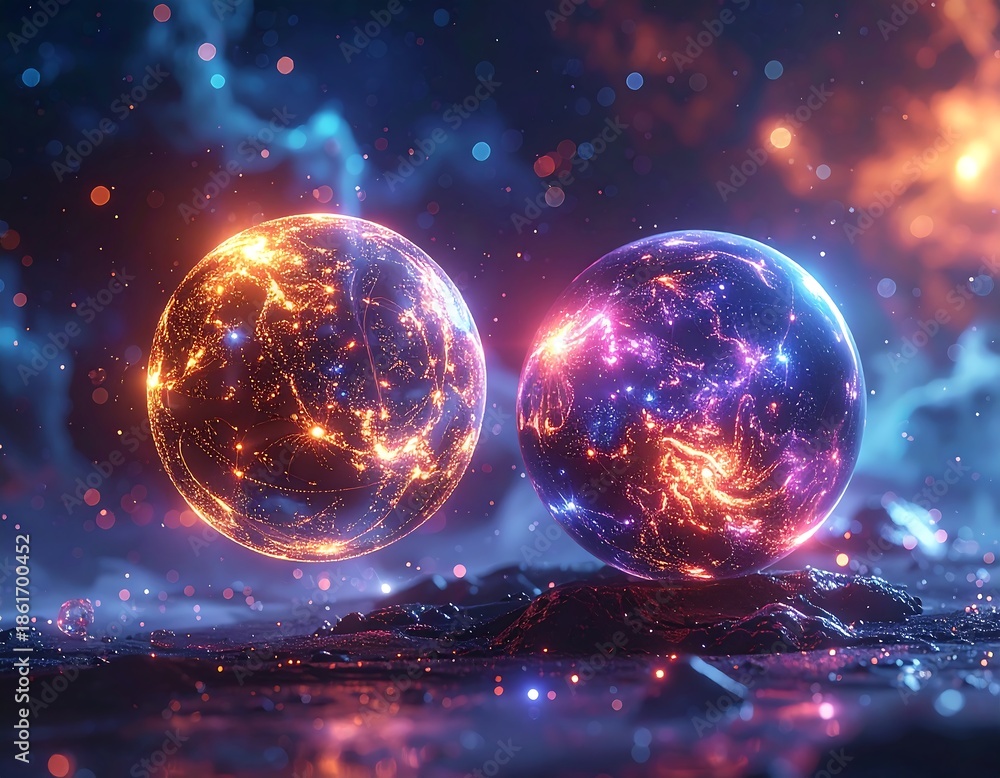 Obraz premium Two celestial orbs radiating energy amidst a cosmic background