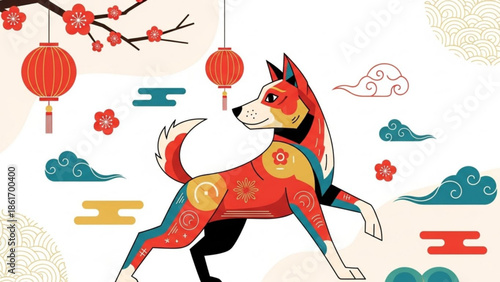 Vibrant chinese new year dog illustration with red lanterns, cherry blossoms, and decorative clouds, symbolizing good fortune and prosperity in a festive asian inspired