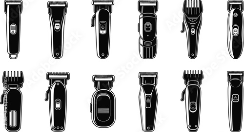 Professional hair clipper vector set illustration, collection of electric beard trimmers and barber grooming tools for salon hair cutting, isolated black silhouettes.