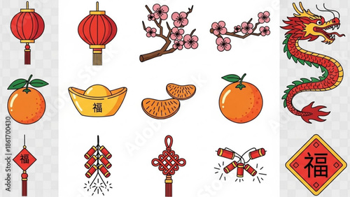 Chinese new year elements including dragon, lanterns, oranges, and firecrackers for lunar celebration decoration