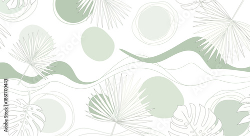 Elegant botanical seamless pattern with tropical leaves and circles in soft green tones