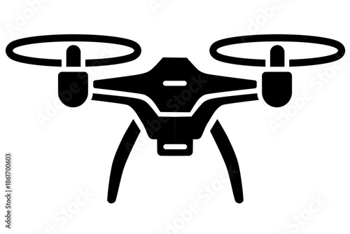 Minimalist drone icon vector. Black silhouette of a multicopter aircraft with propellers and landing gear. Modern flat design for technology, delivery, and aerial photography concepts.