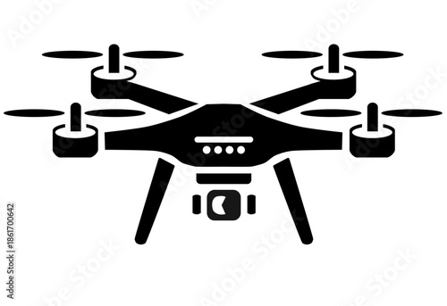 Minimalist quadcopter drone vector icon. Black silhouette of a remote-controlled aircraft with camera.