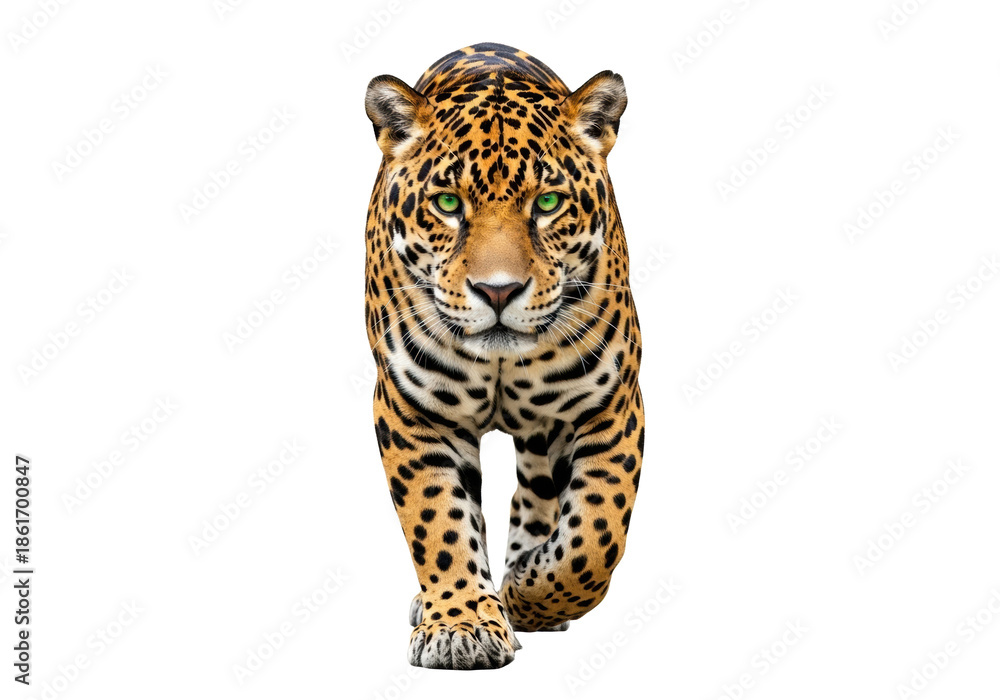 Obraz premium Majestic, powerful adult jaguar with golden-ochre fur, black rosettes, and piercing emerald eyes, walking confidently on a transparent studio background with no shadows, concept of wild animal power