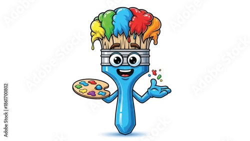 Colorful cartoon paintbrush mascot with palette and glasses, cheerful studio illustration.