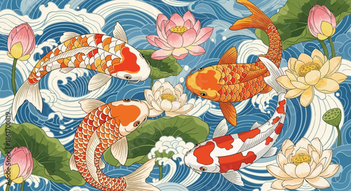 Elegant koi fish swimming amidst blooming water lilies in a serene pond scene