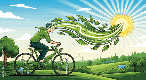 Eco-Friendly Bicycle Ride in a Green Landscape with Renewable Energy Elements