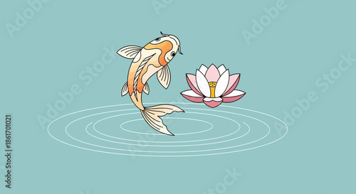 Serene koi fish gracefully jumping near a blooming lotus flower in tranquil water scene