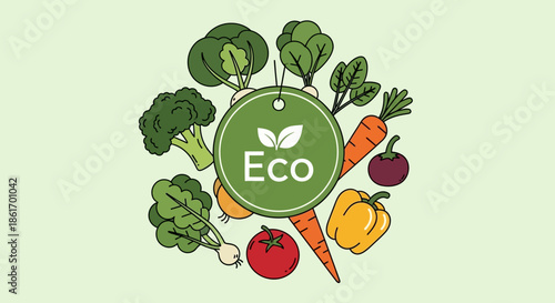 illustration of diverse organic vegetables and eco-friendly symbol emphasizing sustainable farming