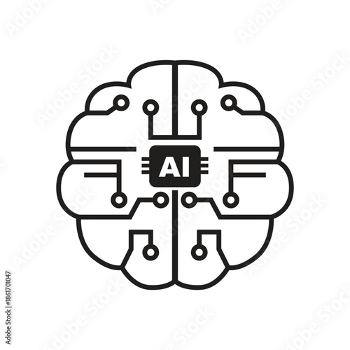 Artificial Intelligence Brain Line Icon on White Background