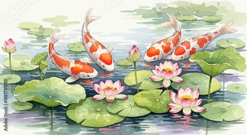 Serene pond scene featuring colorful koi fish swimming among blooming water lilies in a tranquil