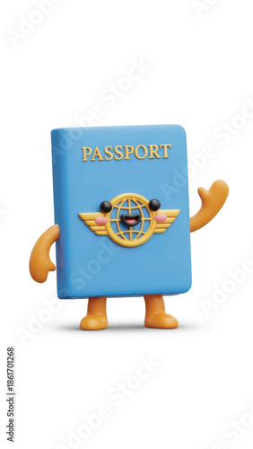 Playful passport character with blue cover and orange arms ready for travel adventure.