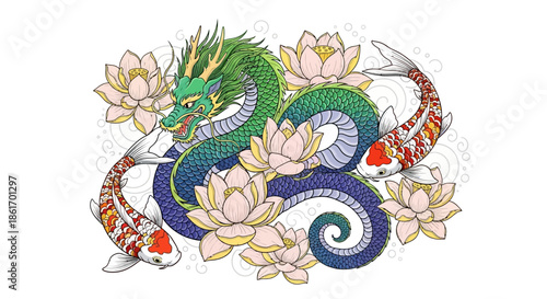 Intricate Asian-style illustration of a colorful dragon surrounded by blooming lotus flowers