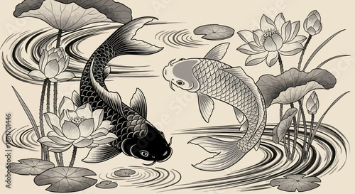 Traditional Asian ink wash painting depicting koi fish swimming among lotus flowers and lily pads