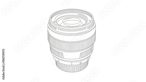 Detailed Line Art Illustration of a Modern Camera Lens for Optical Photography Equipment Design