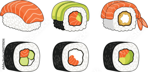 Set of Japanese Sushi Rolls and Nigiri with Salmon Avocado and Shrimp Vector Illustration for Asian Food Menu Restaurant Design