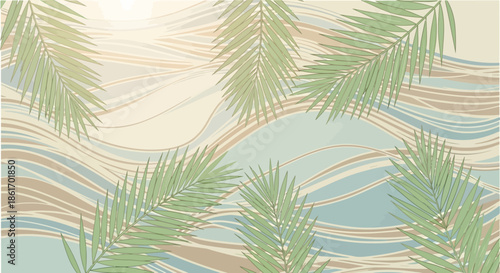 Abstract tropical palm leaves and flowing lines creating a serene nature-inspired background