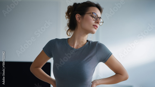 Young woman back pain office posture exercise, casual clothing indoor workplace discomfort relief