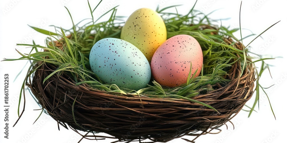 Obraz premium Woven twig nest with three speckled pastel eggs (blue, yellow, pink) nestled in fresh green grass on a white background, evoking springtime calm and hopeful renewal
