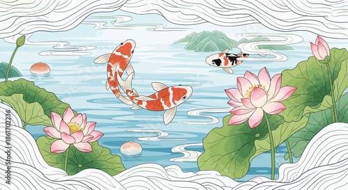 Serene koi pond scene with blooming lotus flowers and two colorful fish swimming peacefully
