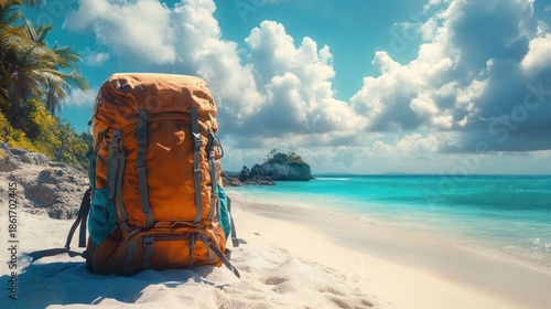 Wallpaper Mural orange backpack on white sandy tropical beach with palm trees and distant rocky islet, turquoise sea under dramatic clouds conveying peaceful adventurous wanderlust Torontodigital.ca