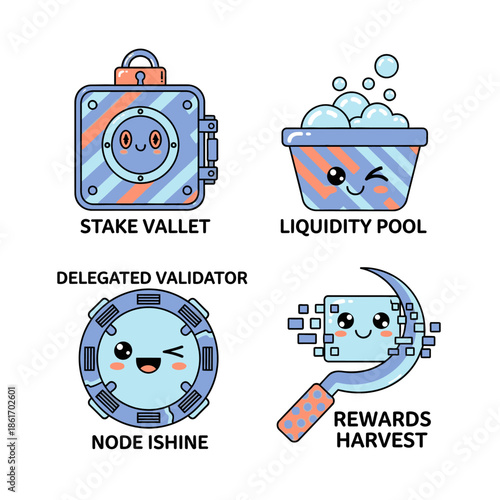 A charming collection of cute cartoon illustrations depicting essential decentralized finance and blockchain concepts like staking, liquidity, and reward harvesting.