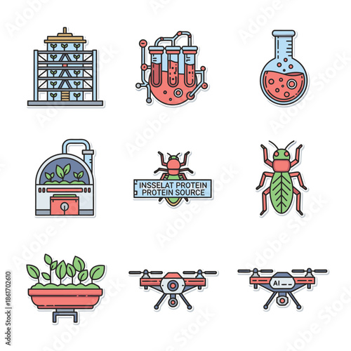 Modern agricultural and biotechnological icons depict innovative farming, sustainable food sources, and advanced drone technology for future solutions.