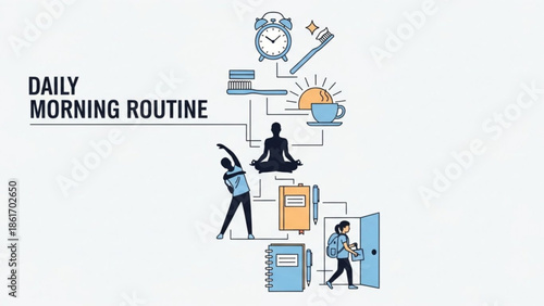 Daily morning routine concept with people exercising meditating and getting ready for work with various objects