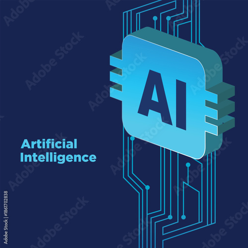 3D AI Microchip Icon with Artificial Intelligence Concept