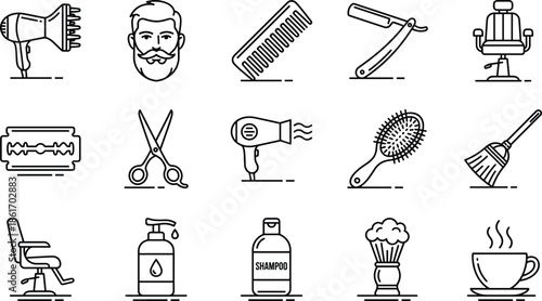 Mental health, business finance, construction machinery, medical allergy, professional recruitment, and barber shop line icons set, cognitive psychology, and wellness.