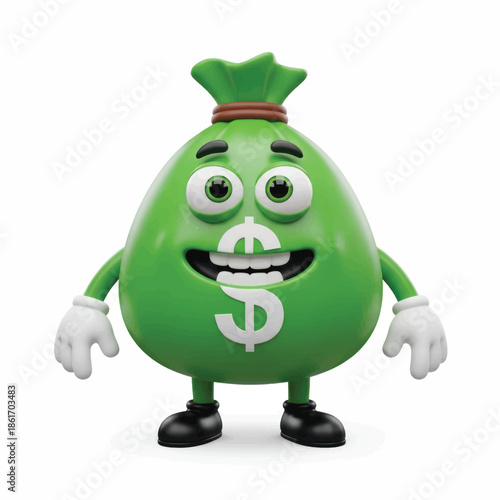 Smiling green cartoon money bag character with arms and dollar symbol on its belly.