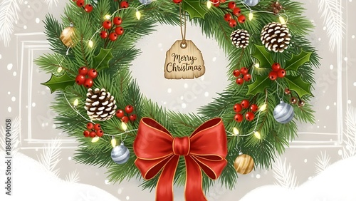 Festive Christmas Wreath with Red Bow, Ornaments, Pine Cones, and Merry Christmas