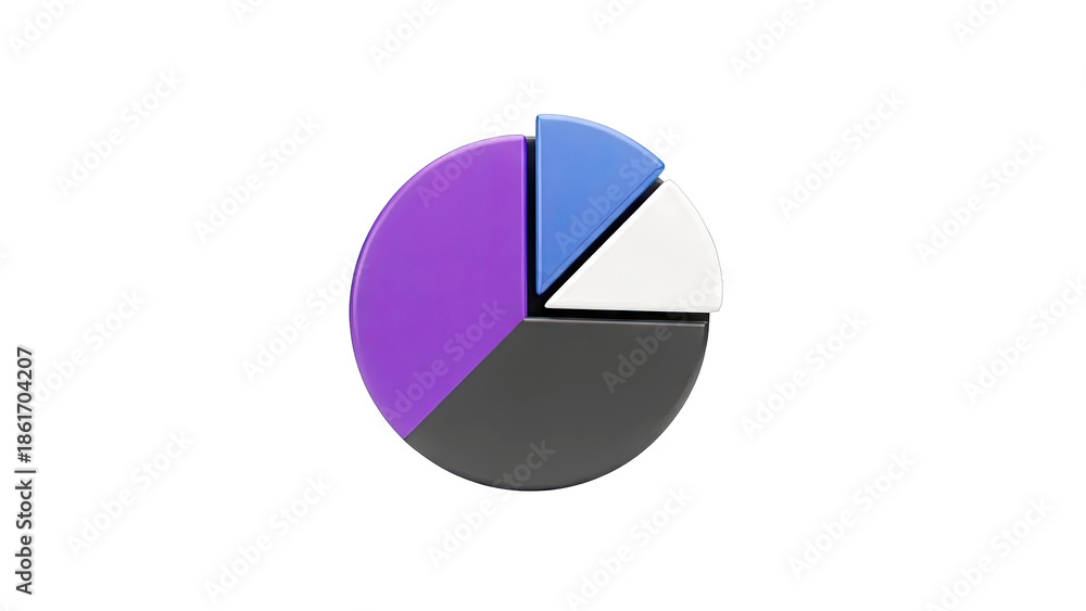 Fototapeta premium 3D Pie Chart with Four Sections in Purple, Blue, White, and Gray