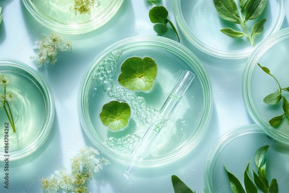 Fototapeta premium top view of glass petri dishes with clear green solution, floating round green leaves, small white blossoms, bubbles and a glass pipette, evoking a fresh calm scientific botanical mood
