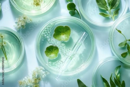 Wallpaper Mural top view of glass petri dishes with clear green solution, floating round green leaves, small white blossoms, bubbles and a glass pipette, evoking a fresh calm scientific botanical mood Torontodigital.ca