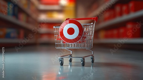 Wallpaper Mural metal shopping cart with red bullseye emblem in an empty supermarket aisle, glossy reflective floor and blurred shelves, evoking focused goal-oriented shopping Torontodigital.ca