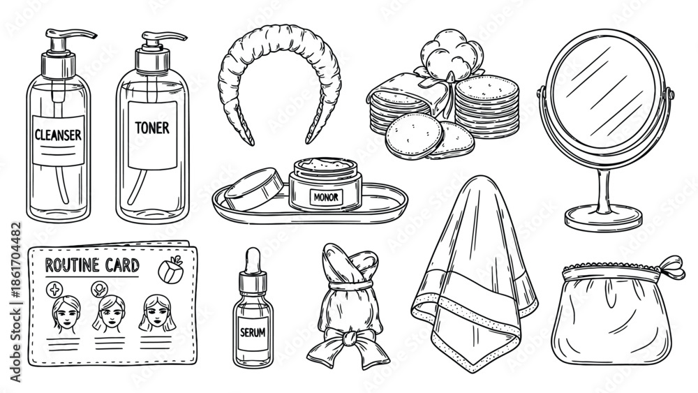 Fototapeta premium Skincare routine elements hand drawn illustration set.