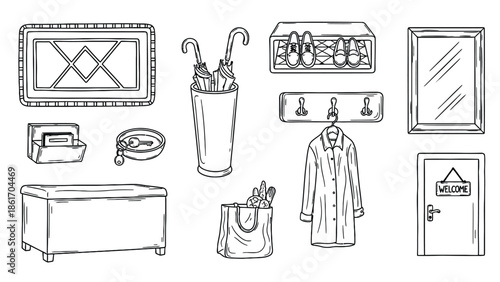 Hand drawn illustration of various home decor and accessories items.