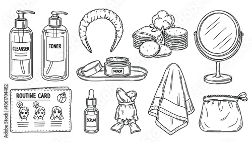 Skincare routine elements hand drawn illustration set.