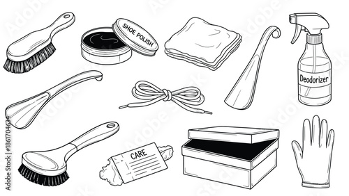 Collection of cleaning supplies and tools for household chores.