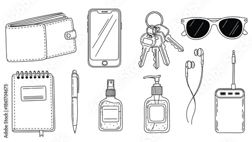 Collection of personal accessories and daily essentials illustration.