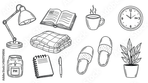 Collection of Hand Drawn Icons for Relaxation and Productivity.
