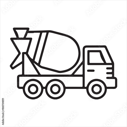 Simple line art icon of a concrete mixer truck on a white background