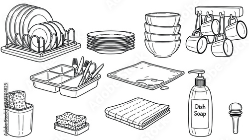 Dish washing supplies and kitchen utensils illustration set.